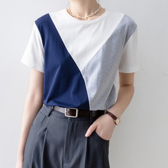 カラーブロックラウンドネック Tシャツ U0528