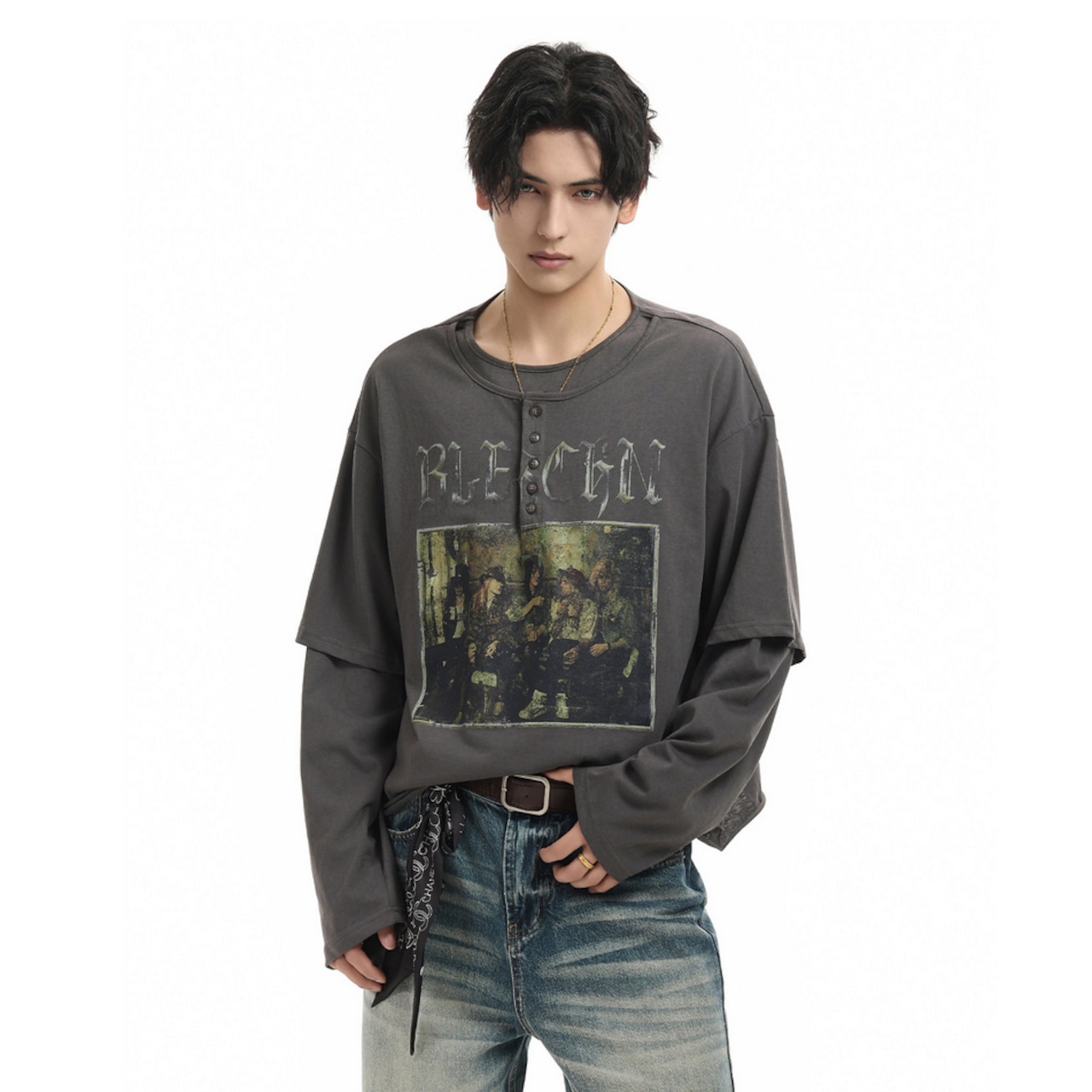 VINTAGE ストリート ヘンリーネック ロングTシャツ T2018