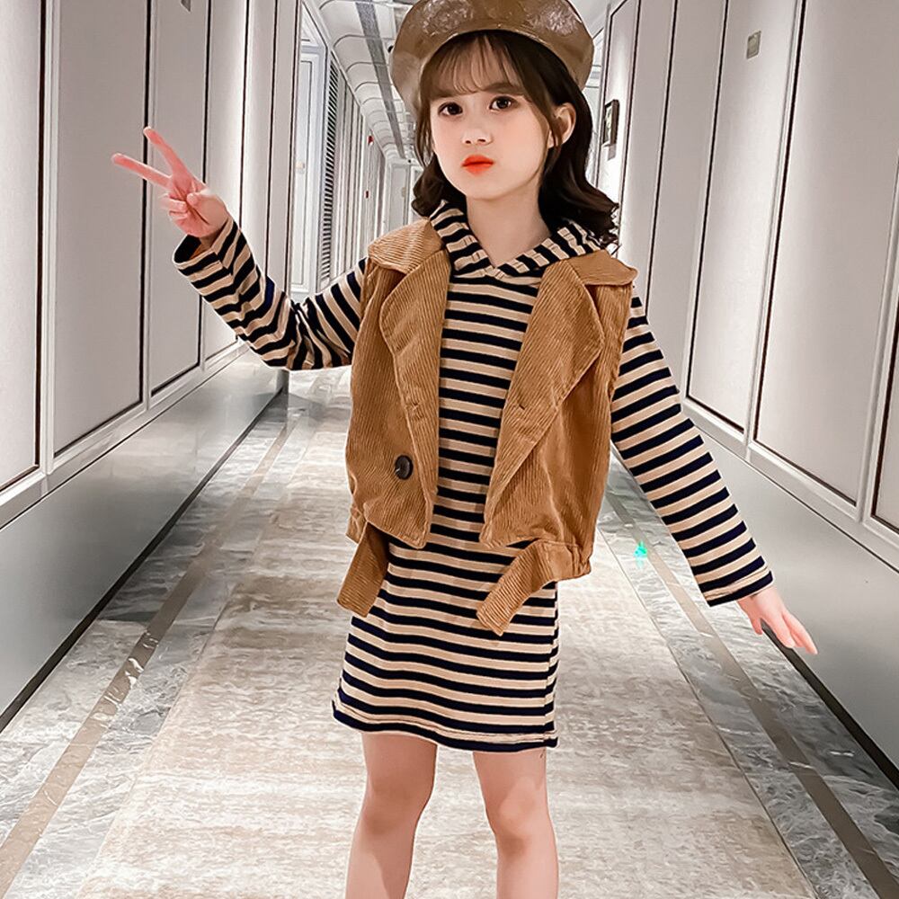 子供服 ベスト付き ワンピース 女の子 韓国 春秋冬 小学生 キッズ かわいい おしゃれ カジュアル ボーダー 長袖 大人可愛い Ritz Chic レディースファッション通販