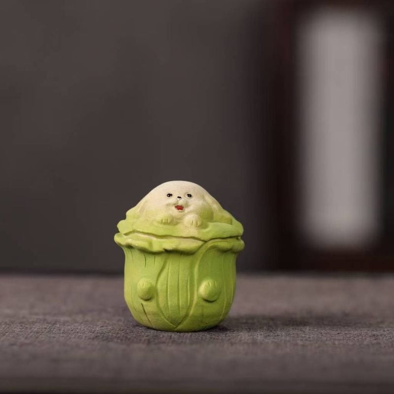 可愛い犬　中国陶器　野菜柄　置物　インテリア 白菜犬 置物 犬 オブジェ 風水 開運 縁起物 百財 卓上置物 インテリア