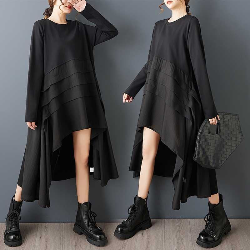 BLACK PLEATS STITCHED ROUND NECK A-LINE IRREGULAR HEM DESIGN DRESS 1color M-15800