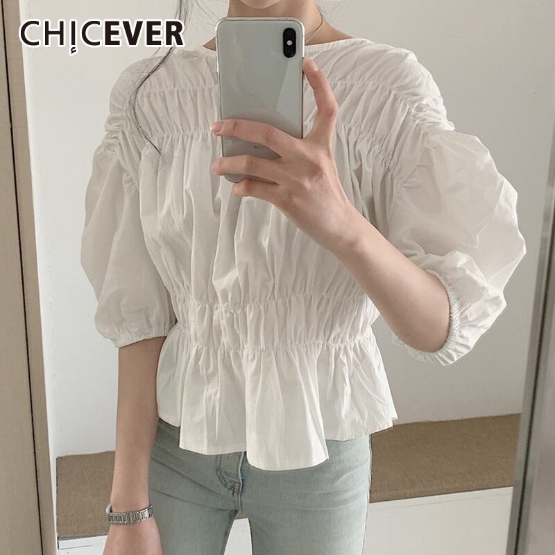 CHICEVERシャーリングレディースTシャツランタンスリーブOネックオーバーサイズルーズシャツサマーウェア2020シックなスタイル 夏物 6base553713184743