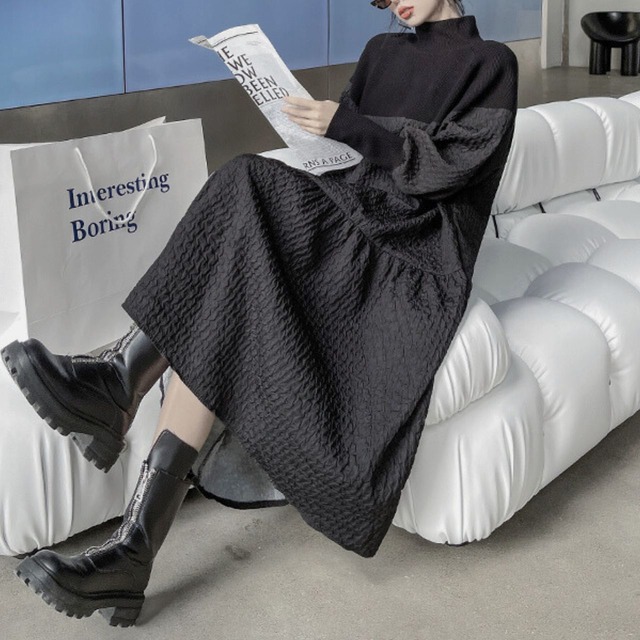 Stand collar stitch knit dress C0503