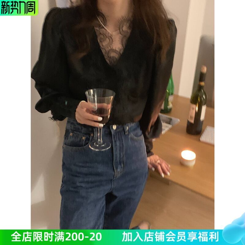 スタンダードレースシャツ Vネックスプリングトップス レディース ロング レトロ 春物 ステッチ ビッグFスモールZ韓国26390095942