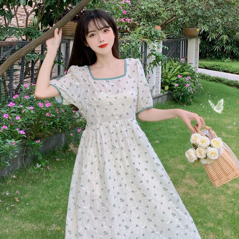 スカート カラーウェストフローラルドレス サマー 大人ガーリー スウィート キュート カジュアル 夏物 花柄 フラワーデザイン スクウェア 萌量不足2454233358