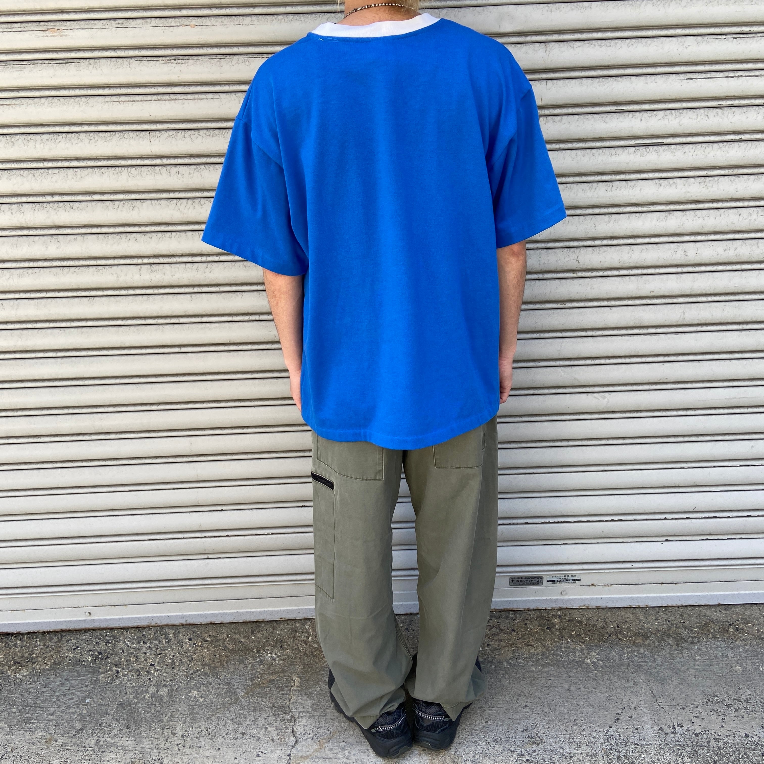 90s PUMA プーマ ワンポイントロゴTシャツ ポケT リンガー風 青 L