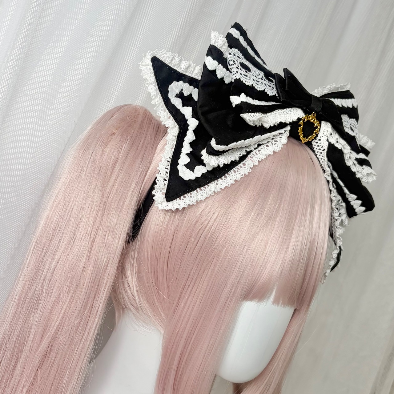 ♡【全5色】MAID ハートチャーム マットリボンフリルレースカチューシャ pink ♡
