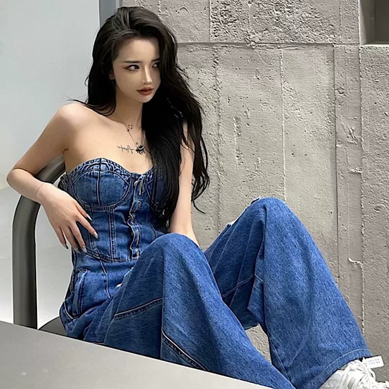 セクシー カジュアル デニム オールインワン ベアトップ ワイドパンツ メリハリ サロペット 色っぽ 大人っぽ ストリート ダメージ加工 ヴィンテージ 古着ライク Lamitte Deco トレンド 韓国ファッション ショップ Base店
