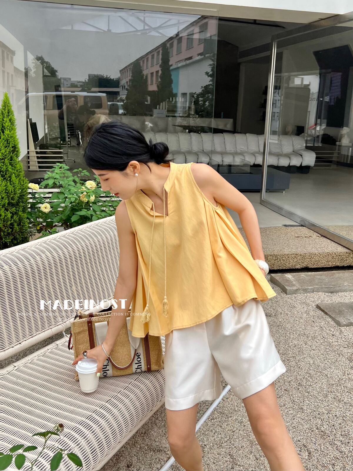 Reine Mode】裾フレア リボン ノースリーブ フレア ブラウス トップス