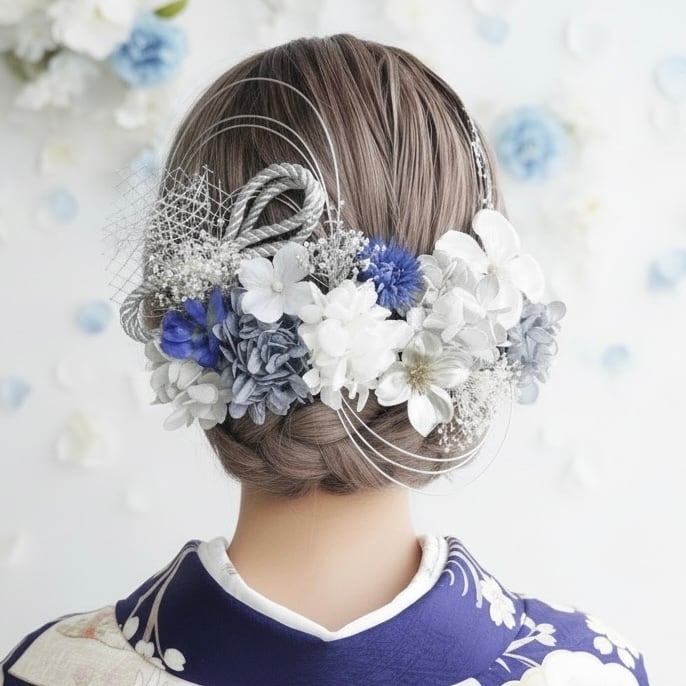 A296 ブルーシルバー ドライフラワー 髪飾り 卒業式 袴 成人式 振袖