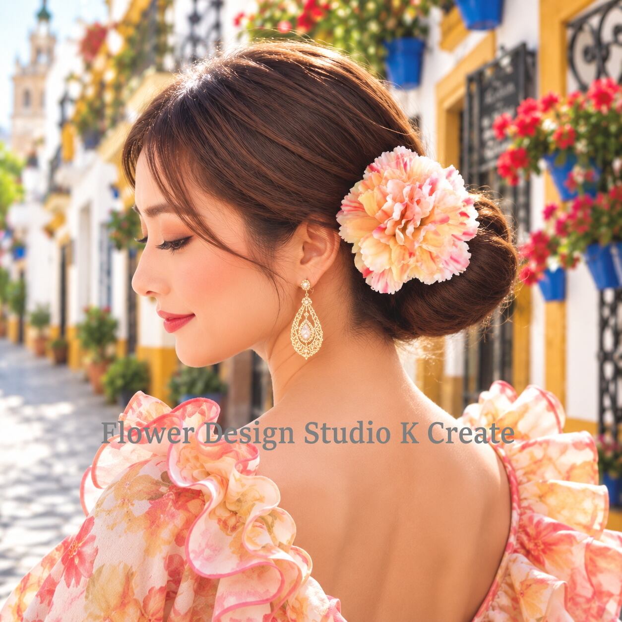 カーネーションのヘッドピース(CR) シングルワイヤー仕様 髪飾り スペイン 春色 国花 フラメンコ フローレス クリーム 花