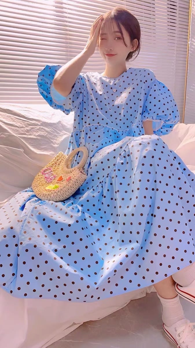 水色 水玉 ドット ワンピース ゆったり マタニティ | LOVEYsmileSHOP