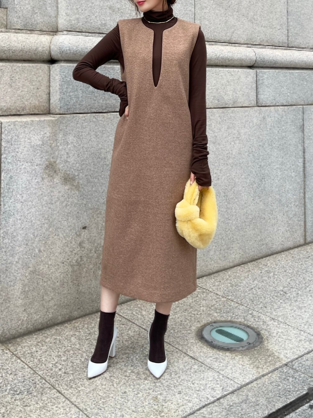 wool touch rever onepiece / brown (即納) | HYEON powered by BASE