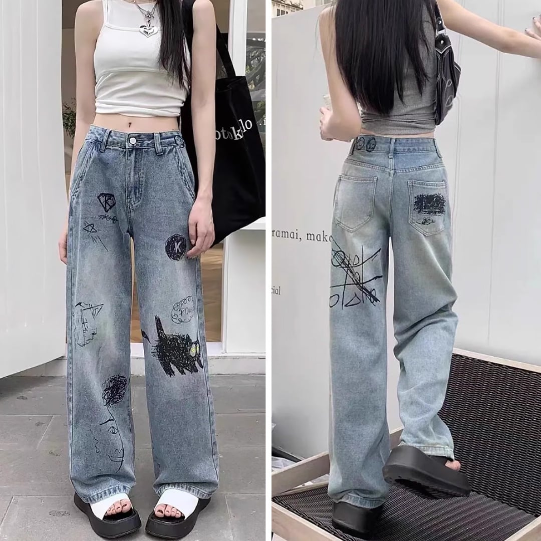 らくがき風イラストプリントロングデニムパンツ ハイウエスト 落書き