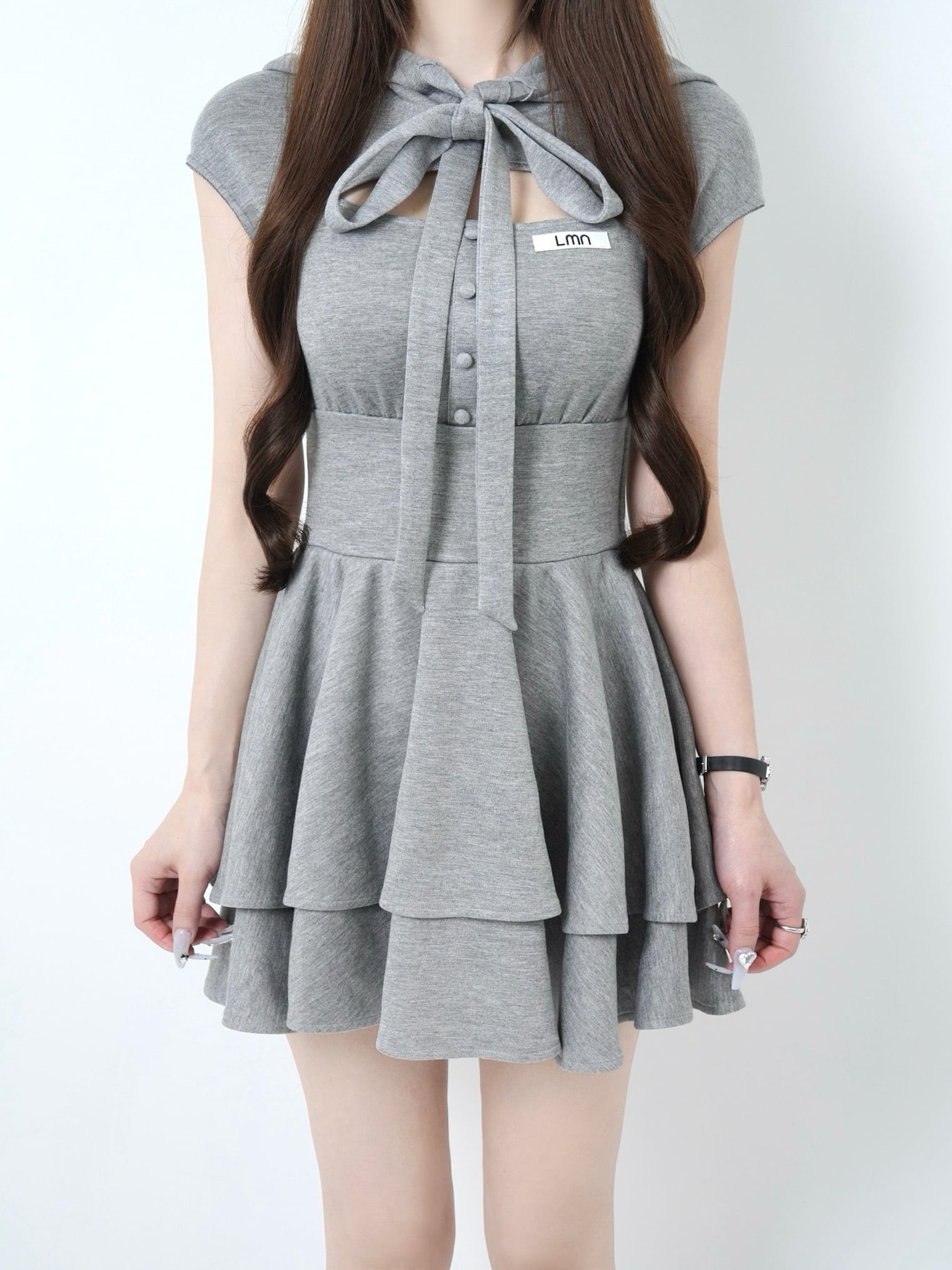 Ribbon hood flare onepiece【グレー】 | Lumignon