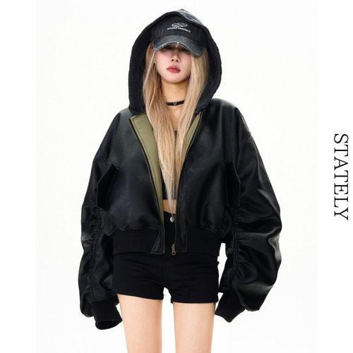 Unisex リバーシブルPUボリュームフーディー_O25 画像