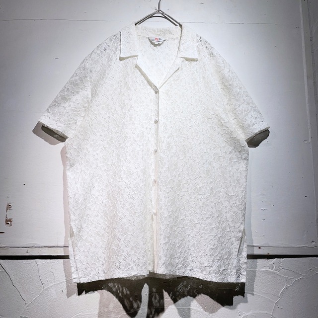 white flower lace embroidery open collar vintage shirt