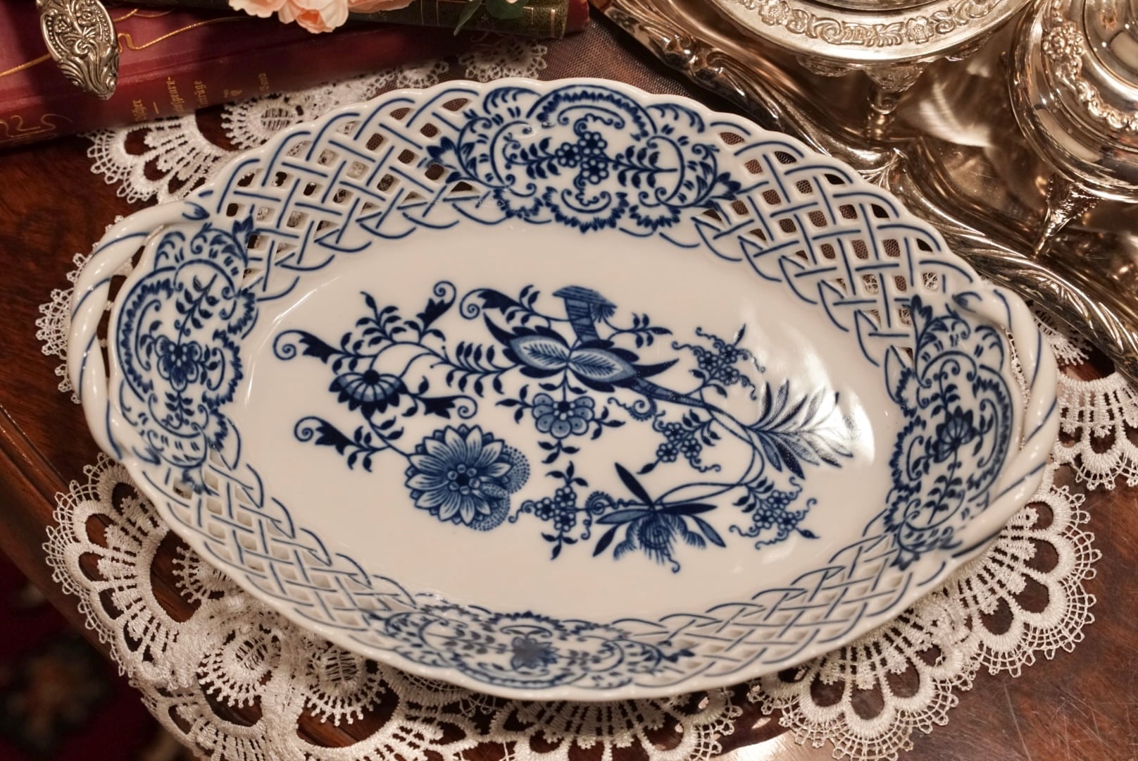 【Carlsbad】カールスバード Original Zwiebelmuster オリジナル・ツヴィーベルムスター 透かし彫り オーバルバスケット ヴィンテージ