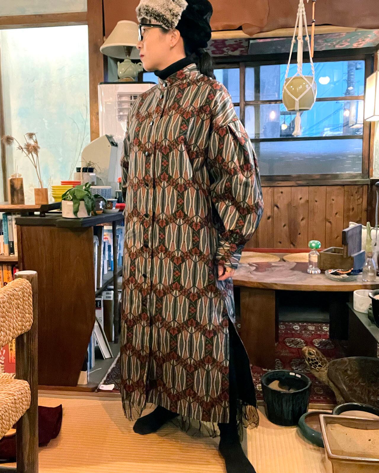 龍郷柄大島紬＋黒絵羽織バイアス仕立てロングワンピース 龍郷柄大島紬＋黒絵羽織バイアス仕立てロングワンピース