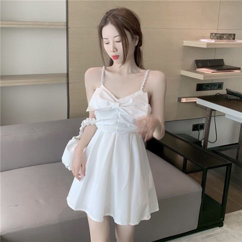 ドレス ウェストショートスカート サマーホワイト リボン 夏物 ブラックストロベリース50199698535