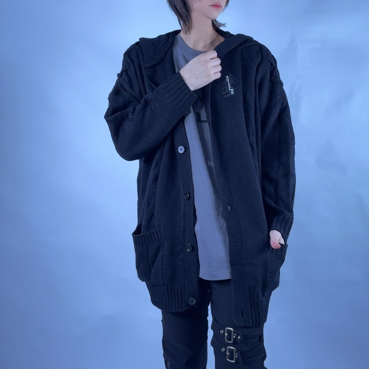 ブラック フード付きネット編みカーディガン 本販売前シークレット5時間タイムセール】ケーブルニット編みフード