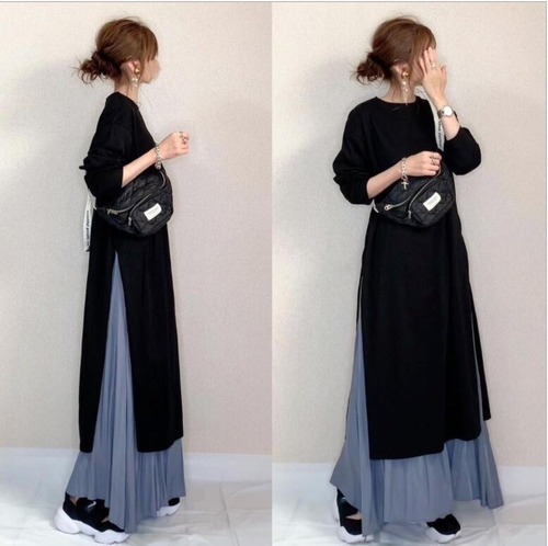 人気の日本の秋の新作レディースツーピース長袖ハイスリットコントラストドレス+スカート