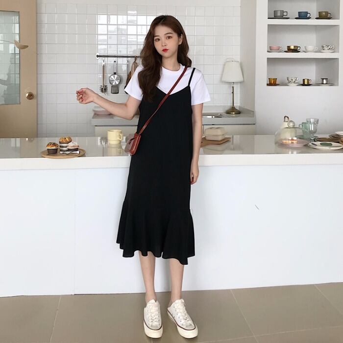 ドレスウエストが細く、キャミソールブラックフィッシュテールスカートミドル丈スカート女子学生の早春バージョン 1号婦人14908638742