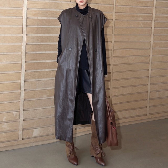 Faux leather belted long vest【2color】 C1617