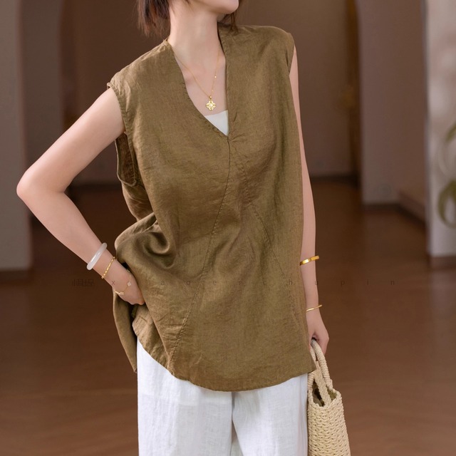 Aライン ノースリーブ Vネック チュニック 4color  00223