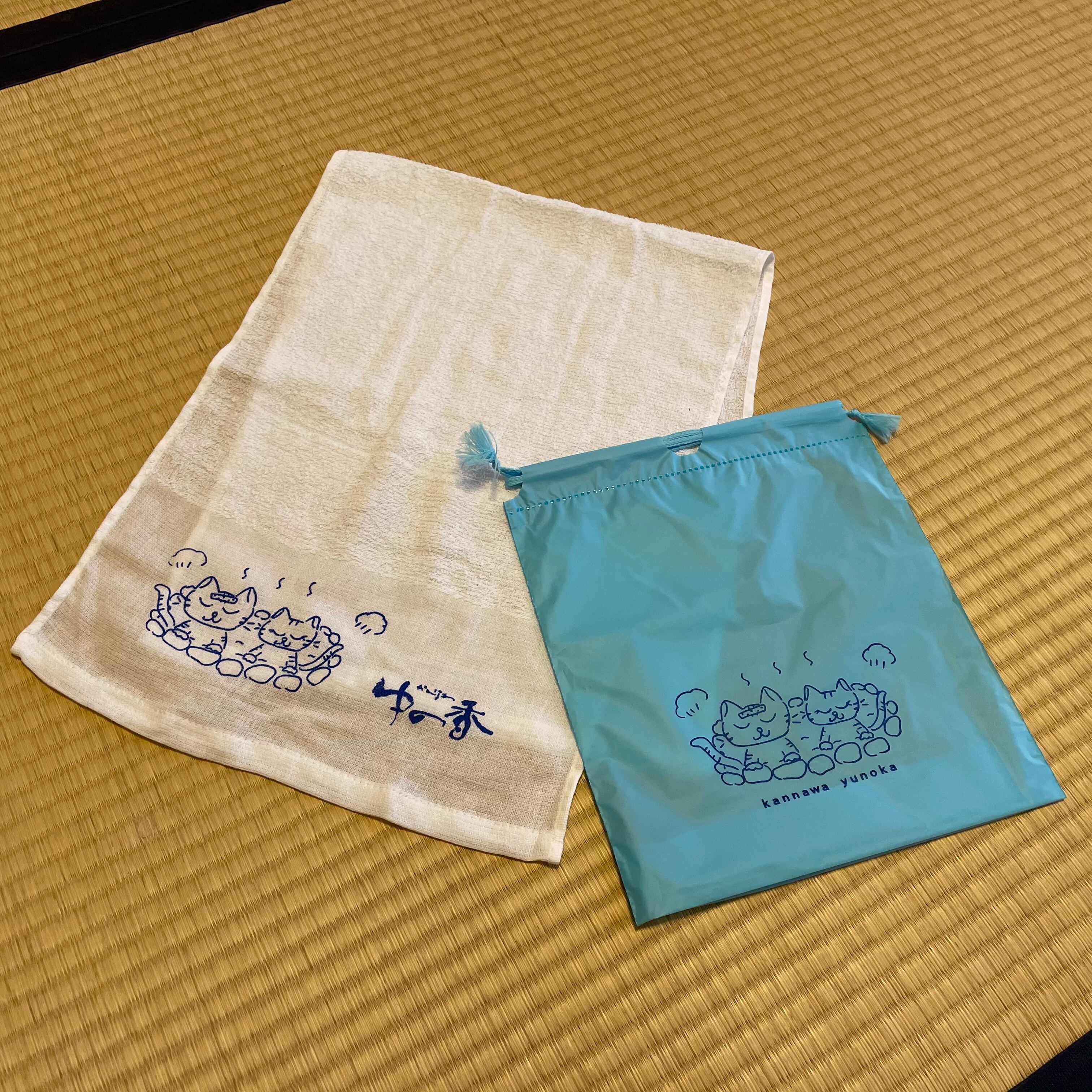 温泉タオル ゆの香オリジナル ビニール巾着付き かぼにゃん ゆずにゃん露天風呂 かんなわ ゆの香