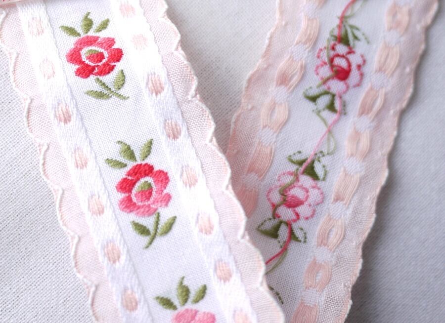 ドイツヴィンテージリボン ピンク お花 チロリアン 刺繍 リボン 3㎝幅57cm