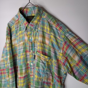 90s　チャップス　旧タグ　BDシャツ　パッチワーク　インド綿　緑系　L