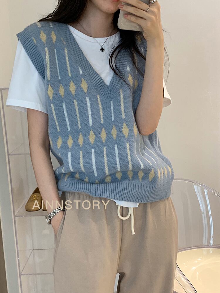 オータムルーズVネックノースリーブセーター レディースニット 秋物 ビッグFスモールZ韓国20691792977