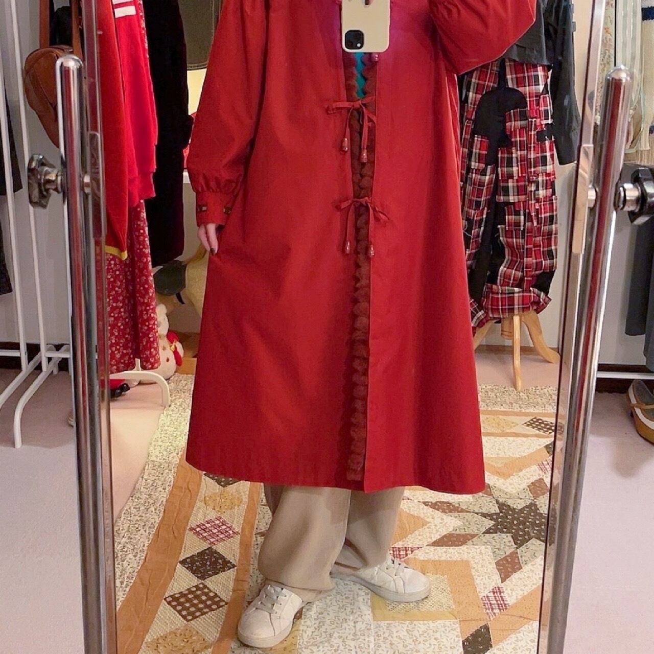 red ribbon fur liner coat