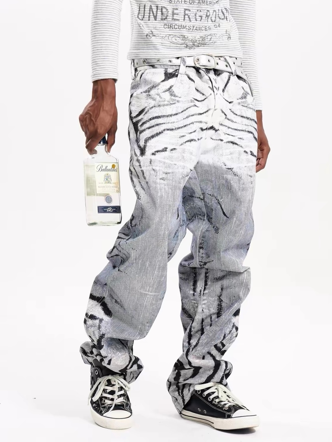 【Fourth3ex】Zebra Print Distressed Denim Pants