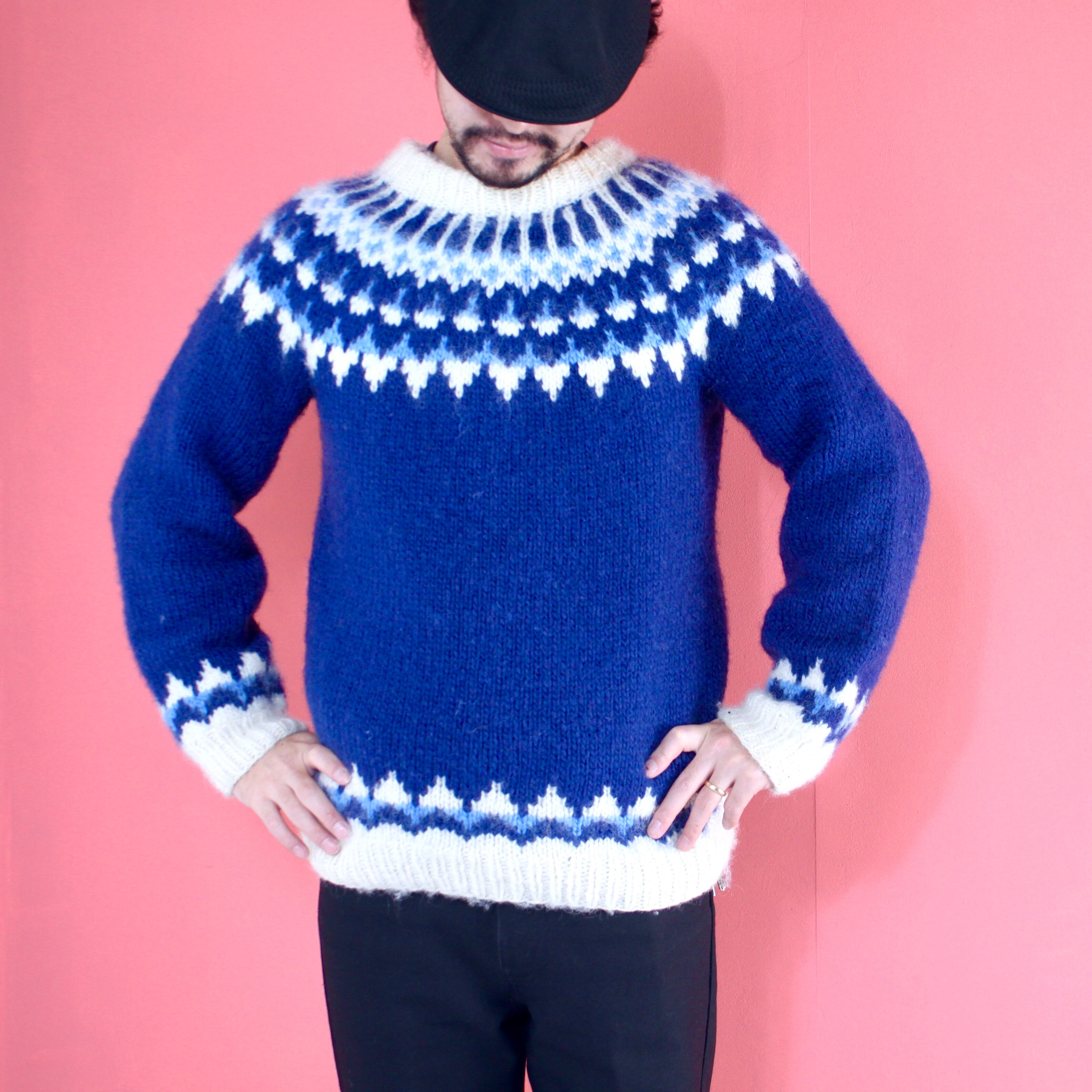 0592. Nordic hand knit sweater made in Denmark ブルー ハンドニット ...