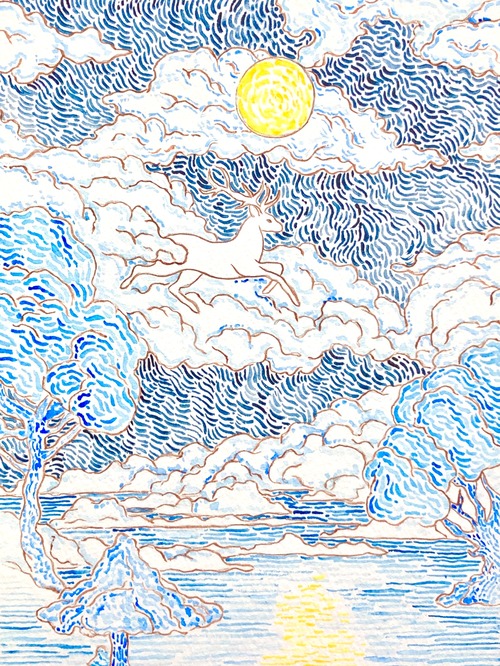 月夜に空をかける白鹿