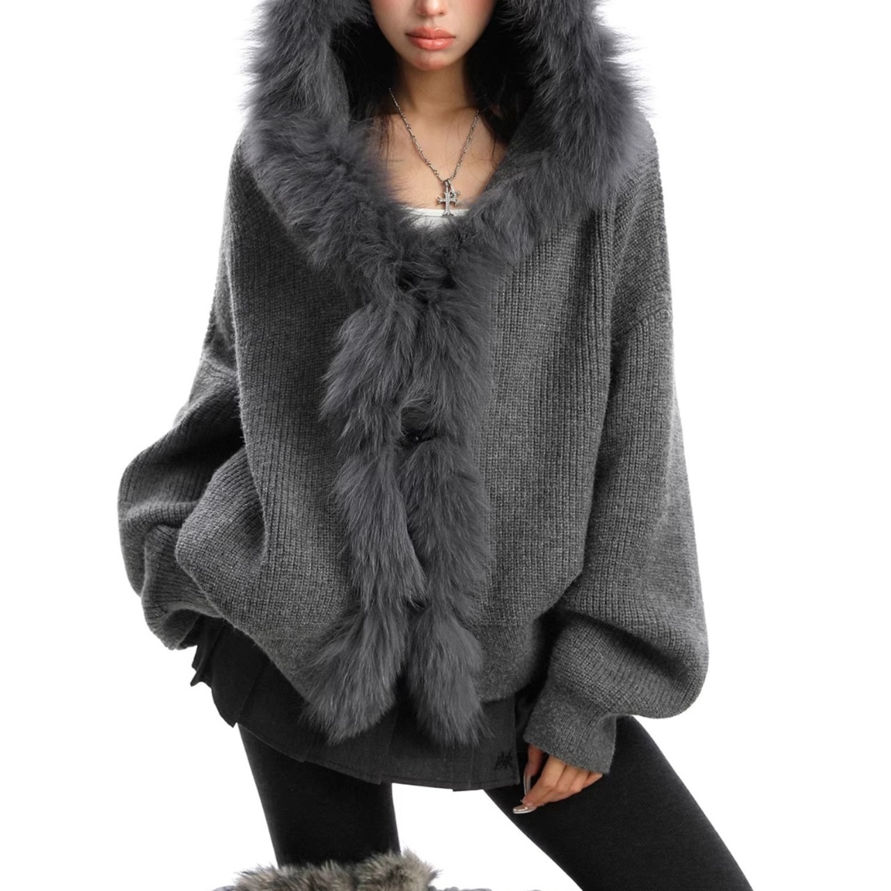 Oversized Collar Hooded Knit Cardigan, Cozy Lazy-Fit Warm Sweater (ME260)