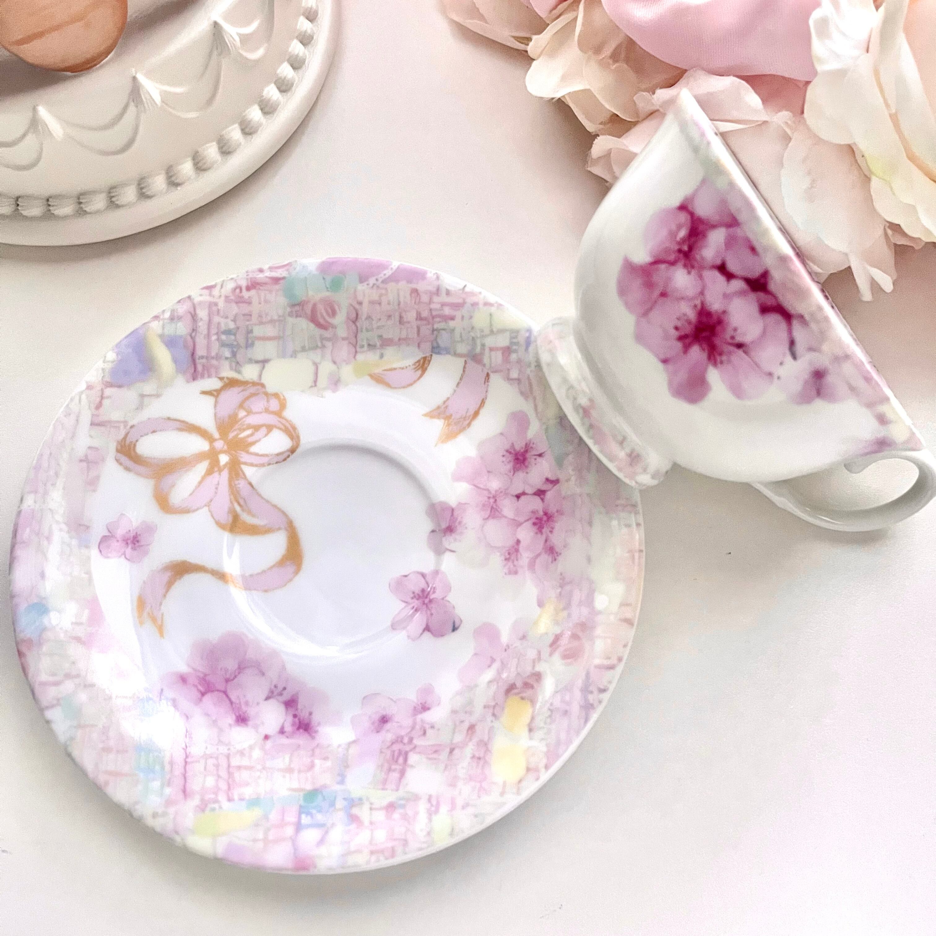 【即納】さくら咲く…♡リボンとツィードで春を詰め込んだ ティーカップアンドソーサー コーヒーカップ