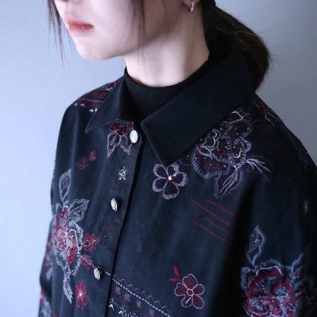 "刺繍" flower art pattern beads decoration box silhouette cotton shirt jacket