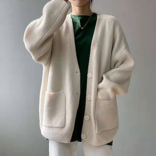 カシミヤタッチ ニット アウター 秋冬韓国ファッション ニットカーディガン ゆったり百掛け セーター レディース 怠惰な風 長袖 トップス 無地 カーディガン