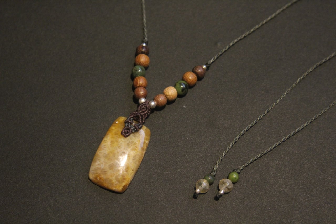 Fossil Coral  micro macrame woody pendant