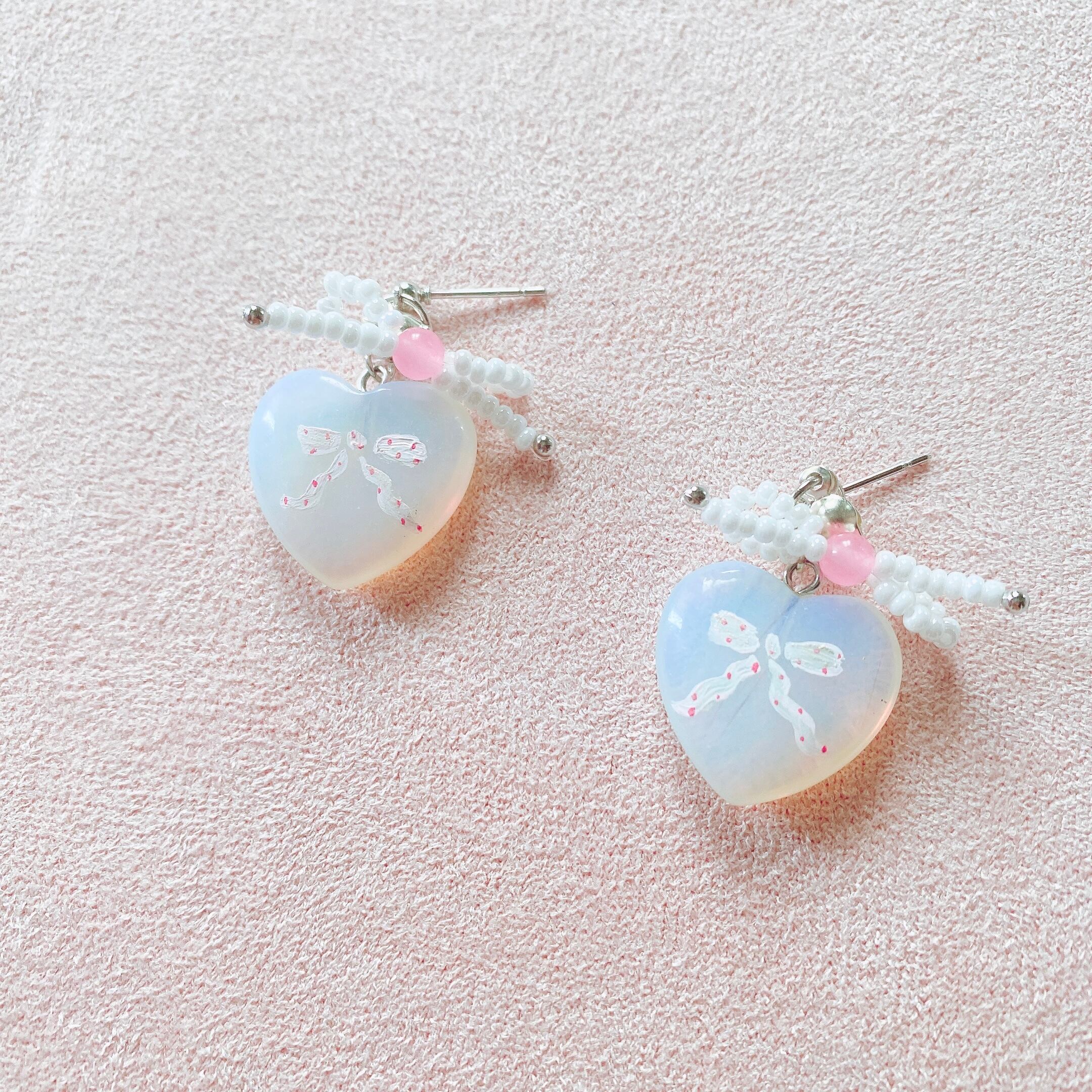 天然石×handpaint リボンリボン耳飾り