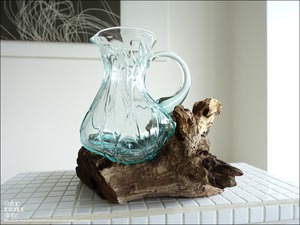 硝子デキャンターｆ/1 ガラスピッチャー フラワーベース ガラスベース 手作り ポプリ入れ 花瓶 一点物 ハンドメイド 無垢材 天然木 自然な様 素朴