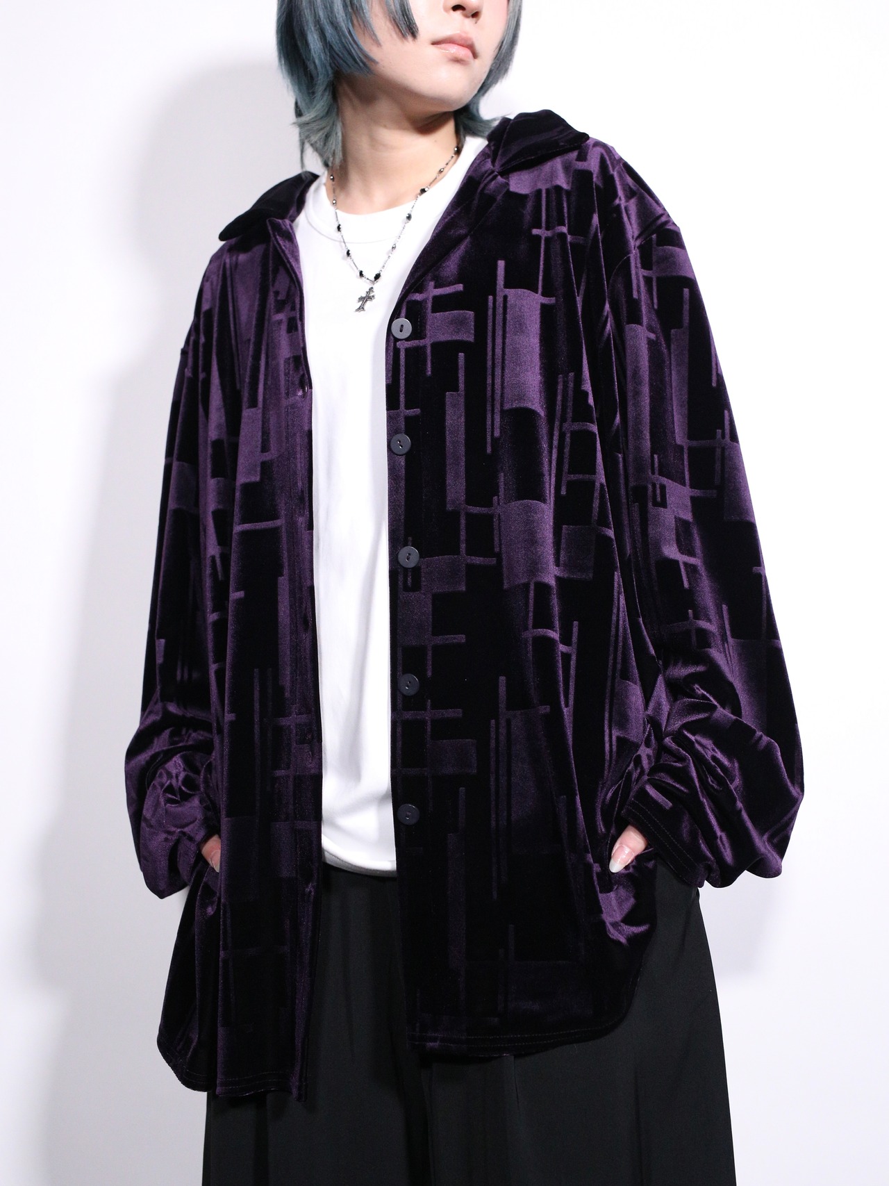multi square  pattern velours open-collar shirt - 2