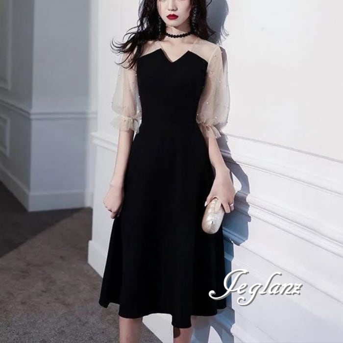 パーティドレス ワンピース V開き パール付き 異素材 ミックス 肌透け ( Z3197)ζ