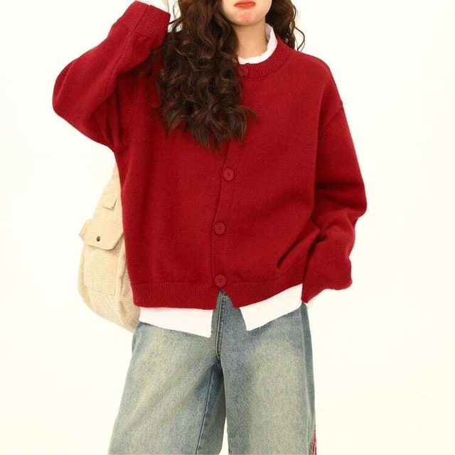 ボタンフロント ドロップショルダー ミドル丈 カーディガン　◆6col　S1001