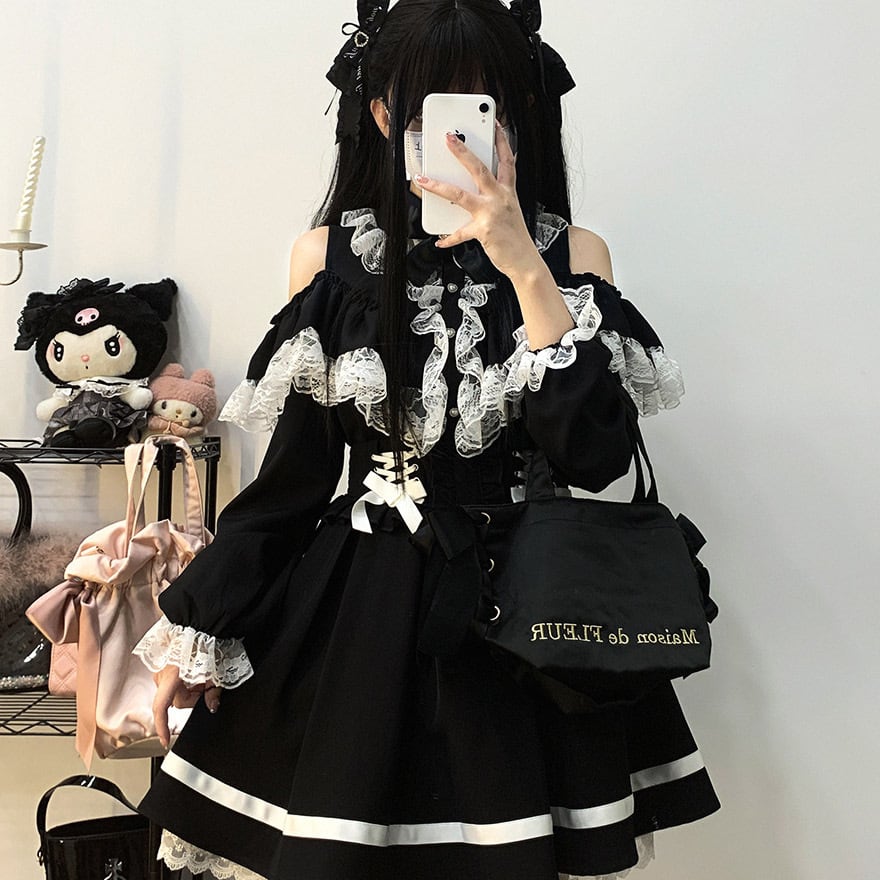 予約販売 ブラウス 長袖 レース オープンショルダー リボン 地雷系 サブカル 闇かわいい ダークファッション ふぁっしょん 地雷