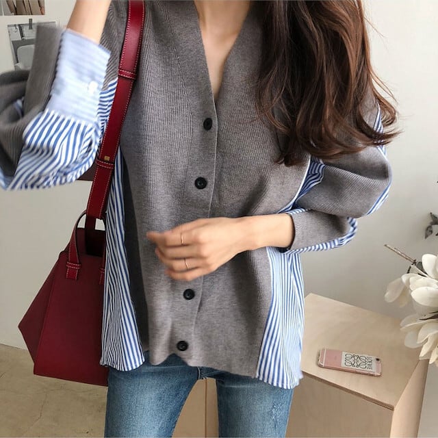 全2色 レディース カーディガン ストライプ シャツ切替 異素材ミックス