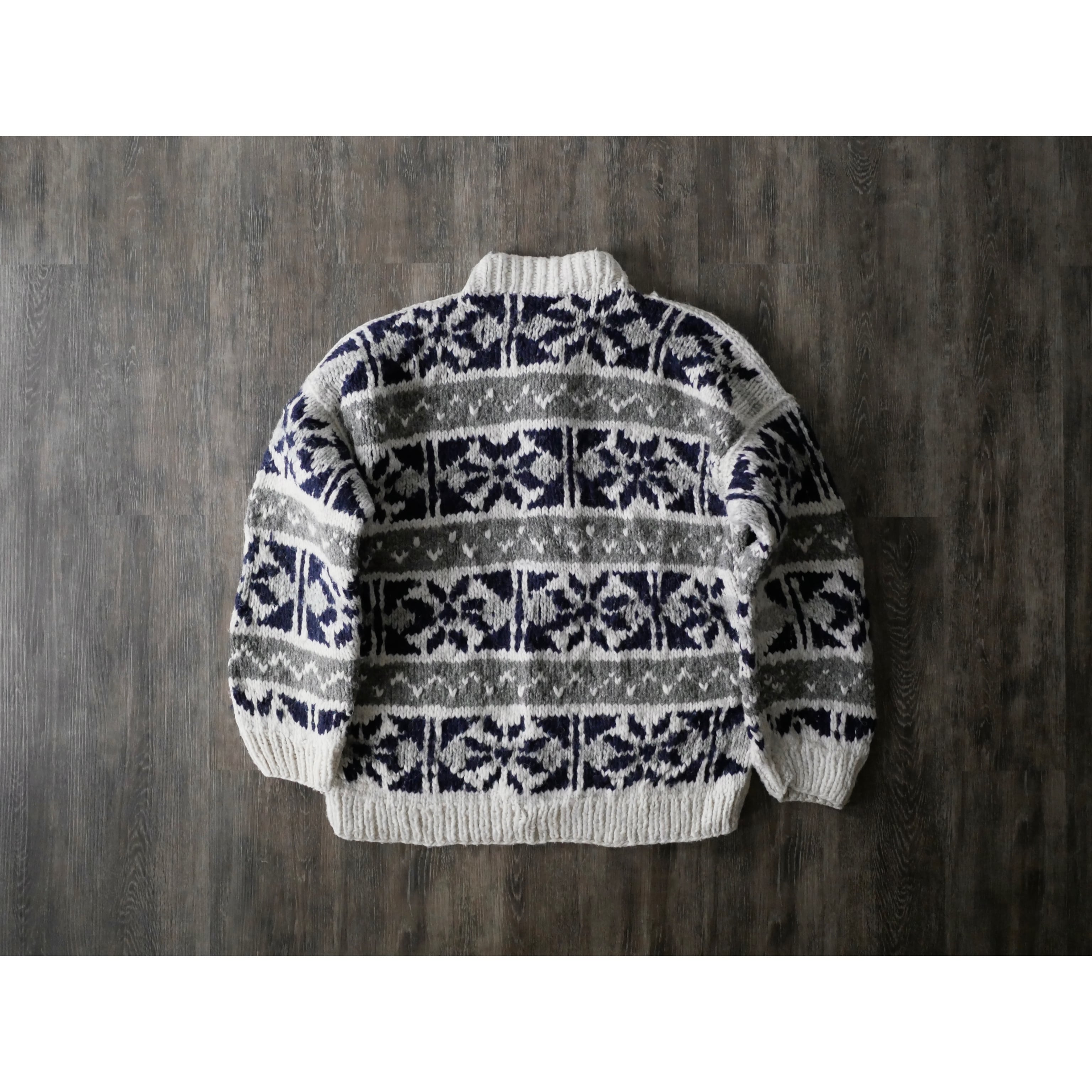 80s- l/s nordic pattern knit cardigan handmade ノルディック柄